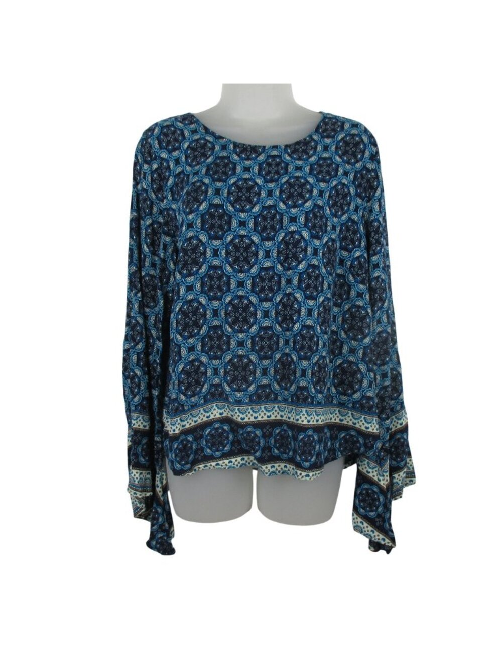 Roper Blouse Women's XL Blue Button Back Rayon Boho Cottagecore Bat Sleeve